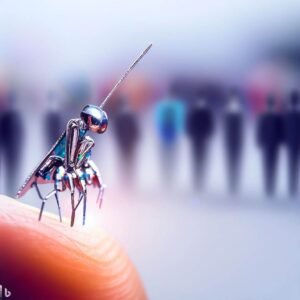 A tiny mechanical mosquito drone is prepared for use by Reepaman.