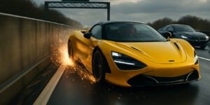 A yellow sports car veers out of control on the freeway