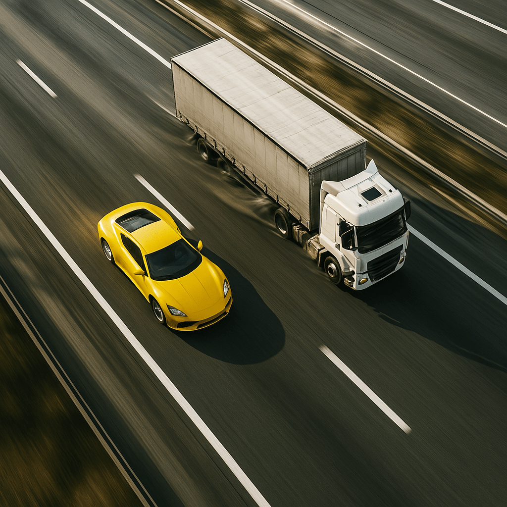 Thalia remotely controls a yellow sports car as it drives fast on the free way