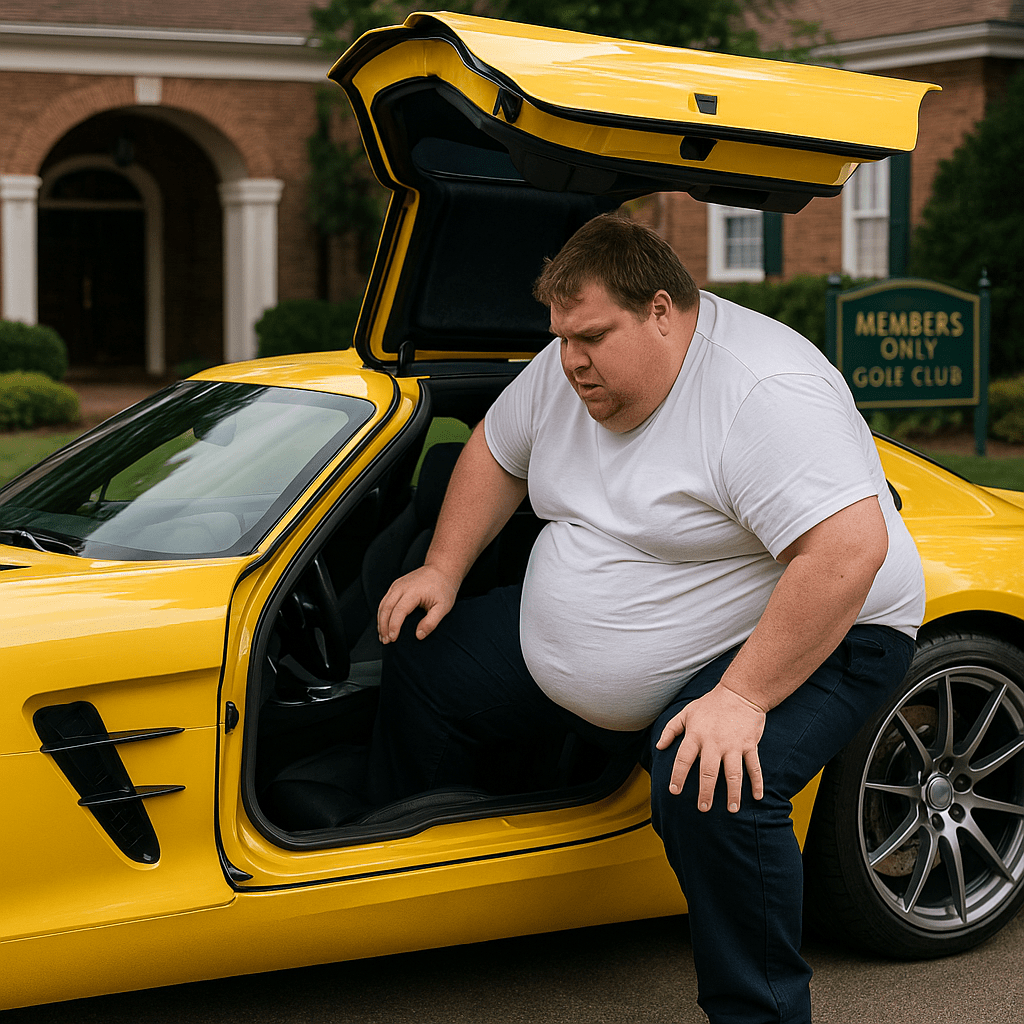 A large man climbs into a small yellow sports car